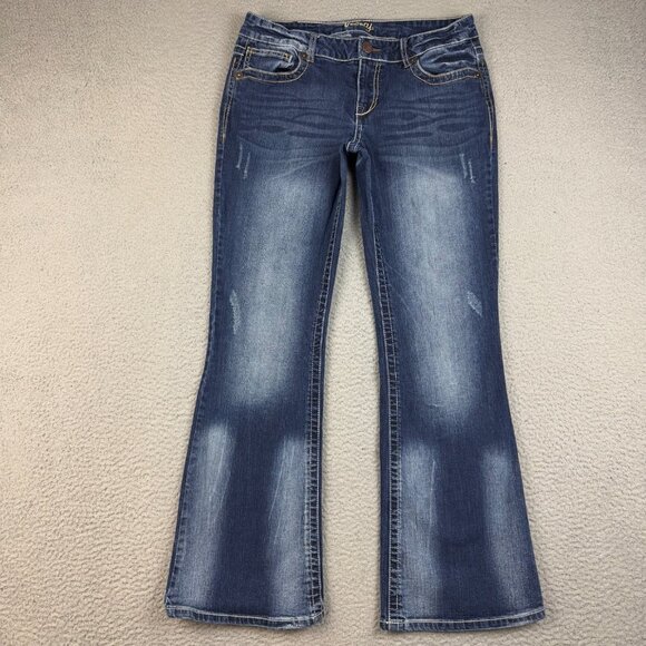 Vanity Denim - Womens Flare Leg Blue Y2K Jeans Dark Wash Faded 30x31 Mid Rise Hip Hugger Denim